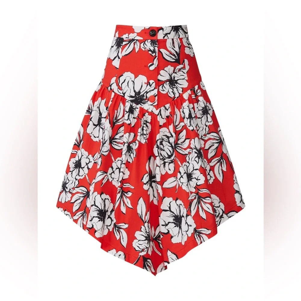 Marissa Webb Red and White Floral Peony Asymmetrical Skirt